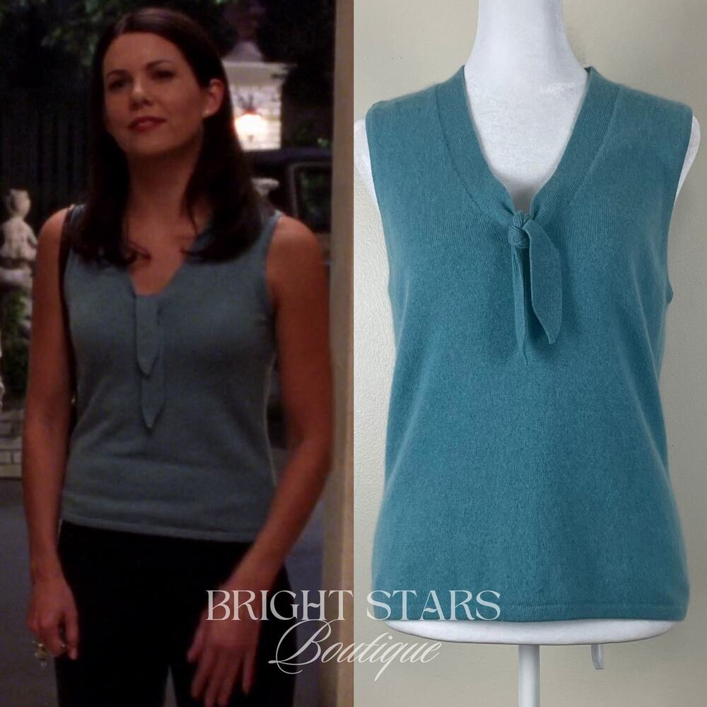 Rare Vintage Sleeveless Cashmere Sweater Vest ASO Lorelai Gilmore Girls Tie Blue